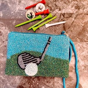 Beaded golf theme wristlet with gold tees and golf pin